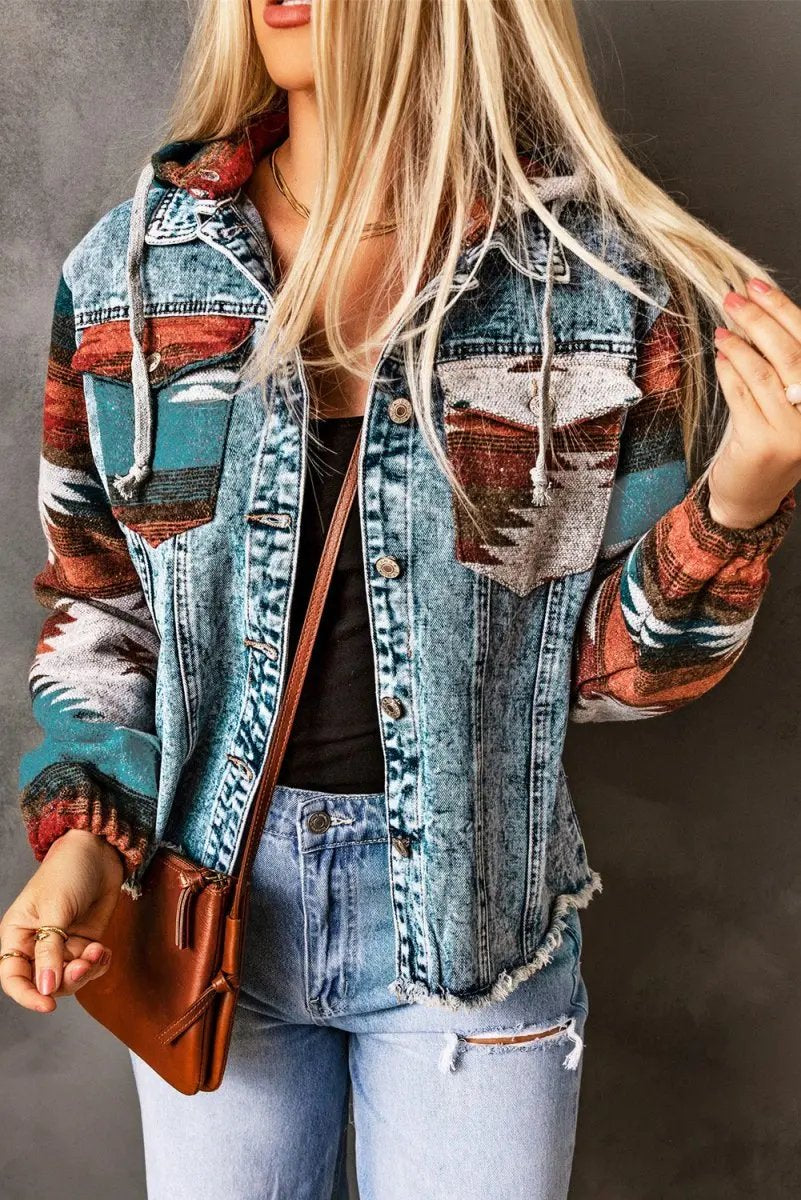 Multicolor Aztec Print Frayed Hem Denim Jacket for Women - Love Salve
